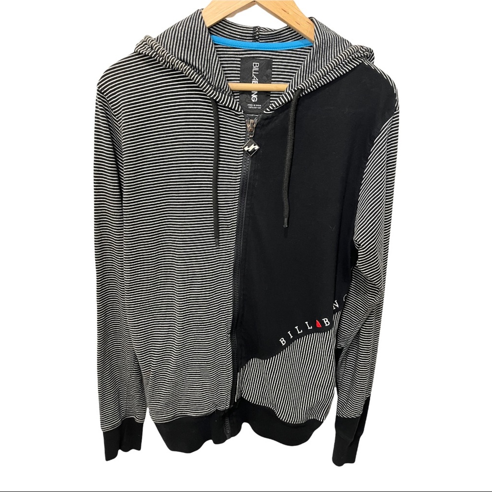 BILLABONG Y2K VINTAGE FULL ZIP BLACK AND WHITE STRIPED LOGO HOODIE SWEATER